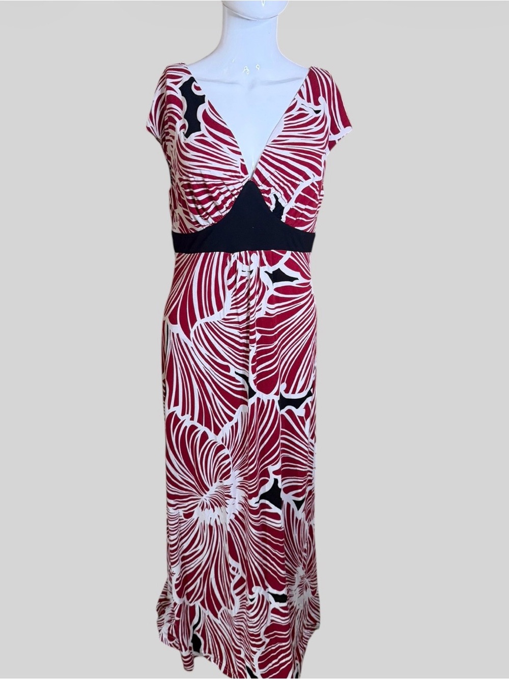 Tommy Bahama Red and White Floral Wrap Maxi Dress with Black Waistband